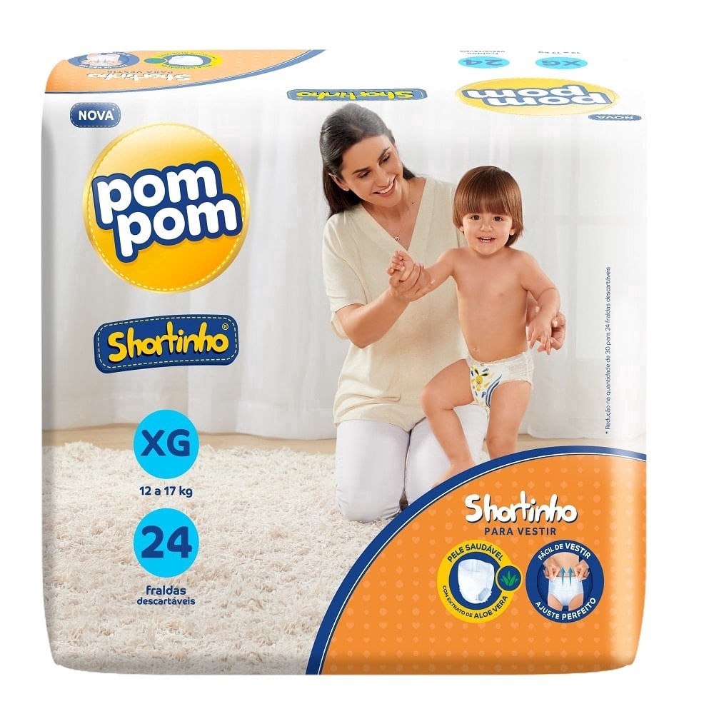 Fralda Descartável Respirável Pom Pom Shortinho XG 24un 12 a 15kg