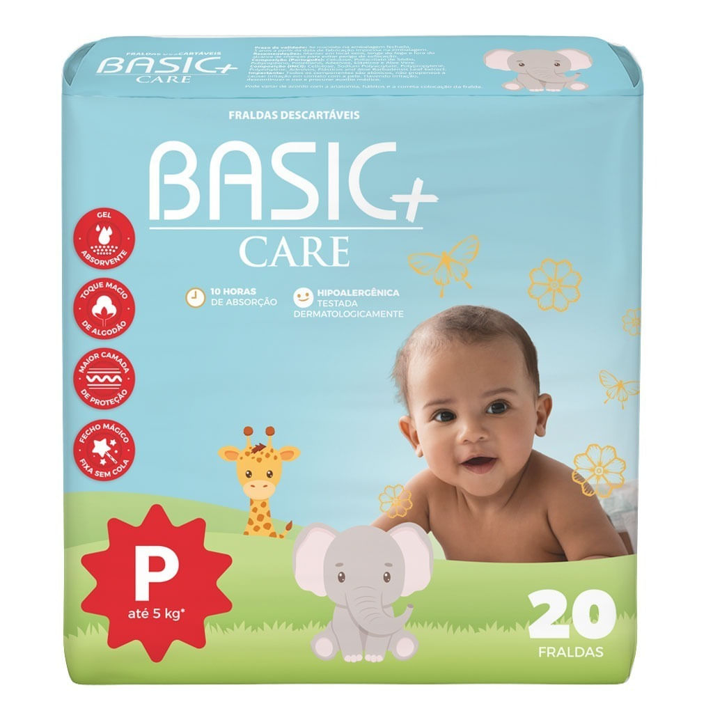 Fralda Descartável Hipoalergênica Basic+ Care P 20un Até 5kg