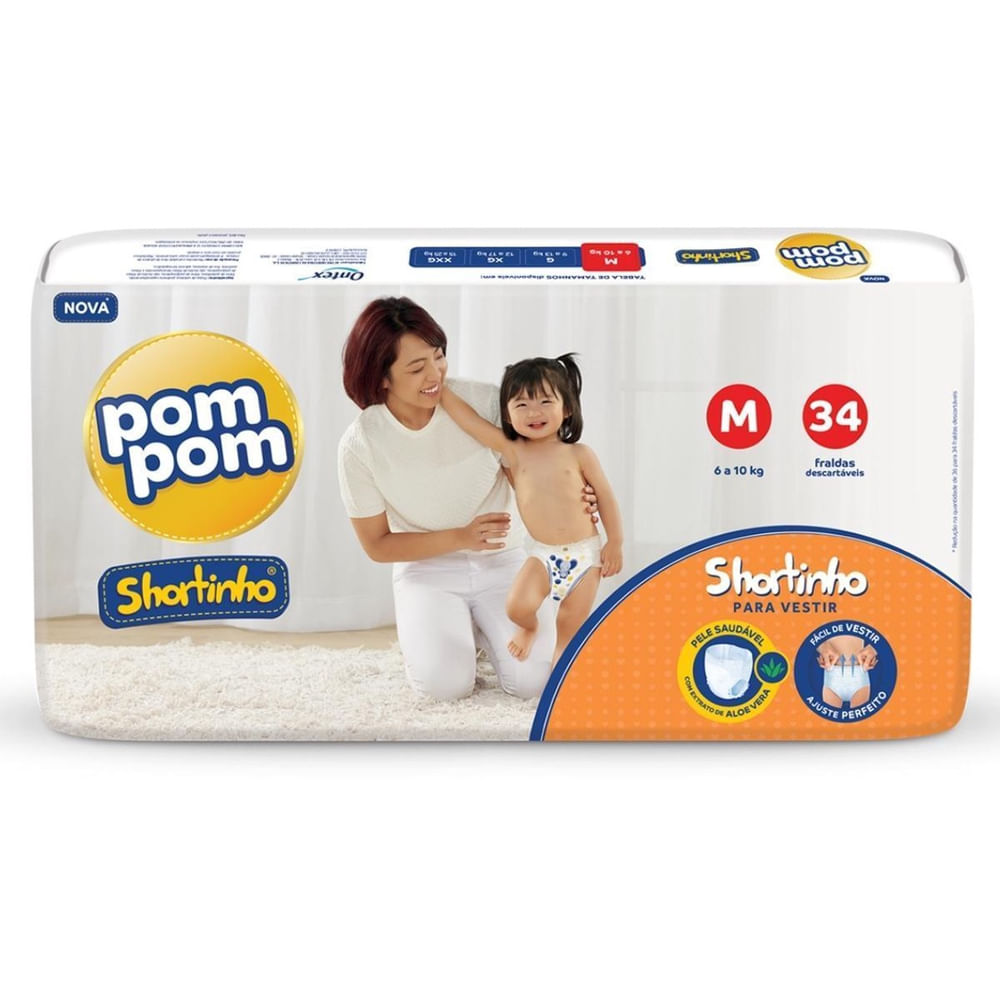 Fralda Descartável com Aloe Vera Pom Pom Shortinho 34un M 6 a 10kg